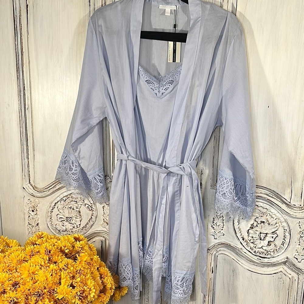 Topshop Elegant 2Piece Lace Trim Light Blue Pajama Romper and Robe